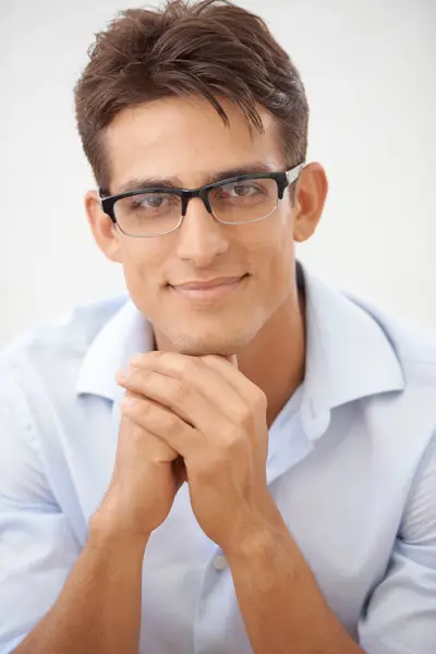 Uomo Viso Occhiali Visione Con Sorriso Cura Degli Occhi Optometria — Foto Stock