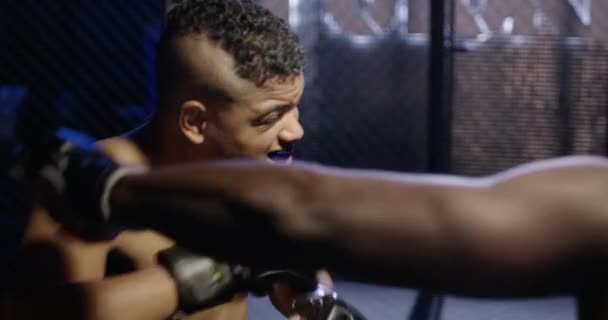 Mężczyźni Bokserzy Walki Ringu Rywalizacja Siła Rywalizacji Kickboxing Silny Ćwiczenia — Wideo stockowe