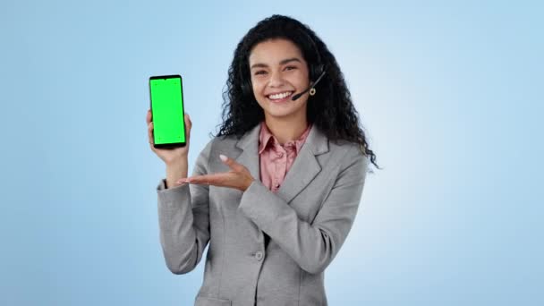 Frau Call Center Und Telefon Green Screen Für Den Kontakt — Stockvideo