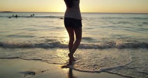 Femme Heureuse Plage Coucher Soleil Joie Célébrer Océan Nature Bord — Video