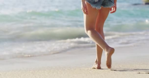 Mujer Feliz Bailando Playa Verano Disfrutar Del Océano Naturaleza Playa — Vídeos de Stock
