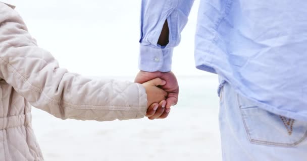 Vater Kind Und Händchenhalten Nahaufnahme Strand Und Pflege Mit Liebe — Stockvideo