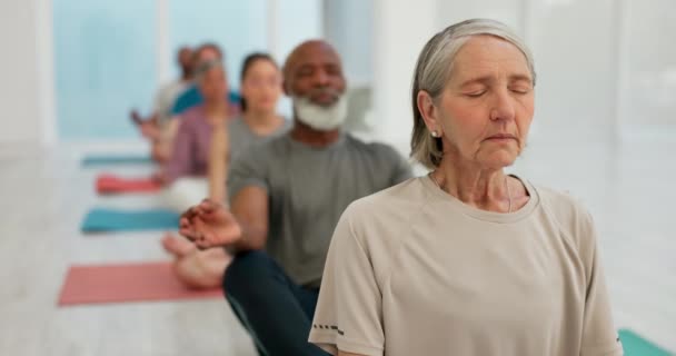 瑜伽课 女人和冥想的健身 冷静和禅意在脉轮 光环和整体 老年人 心理健康和退休时的呼吸锻炼 自我照顾和内心平衡 — 图库视频影像