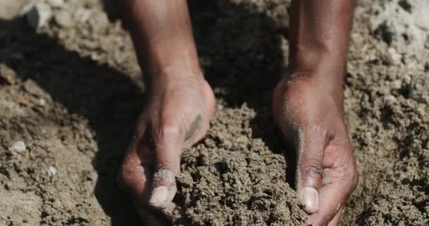 Primer Plano Manos Hombres Con Suelo Finca Tierra Con Agricultura — Vídeos de Stock
