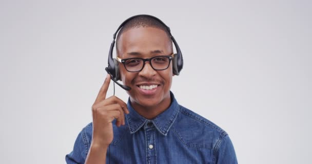 Call Center Cara Hombre Estudio Para Telemarketing Preguntas Servicio Cliente — Vídeos de Stock