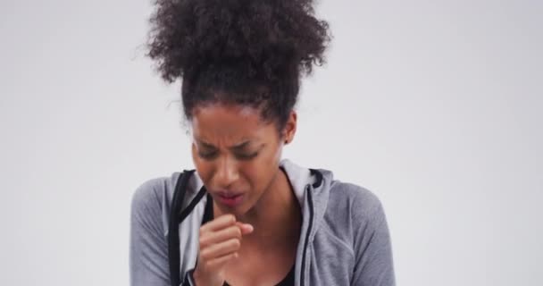 Cuidado Salud Mujer Dolor Garganta Estudio Con Tos Resfriado Virus — Vídeos de Stock