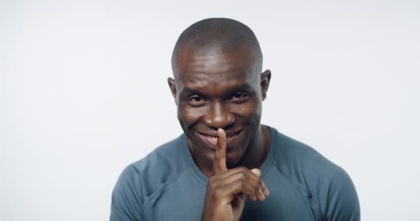 African Man Studio Finger Lips Smile Face Training Secret Fitness — Stock Video