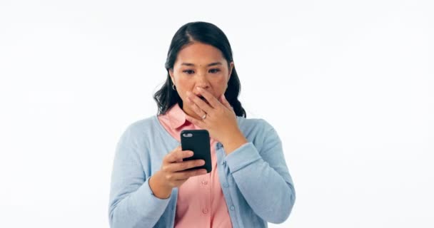 Confused Wow Woman Phone Studio Fake News Gossip Drama White — Stock Video