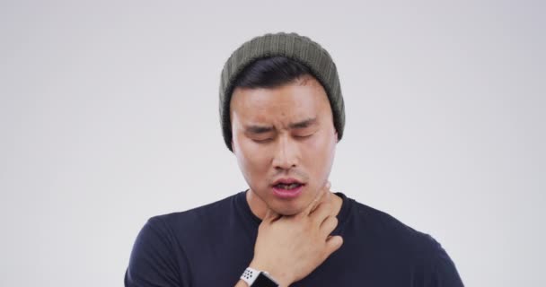 Азіатський Чоловік Кашель Хворий Від Болю Горлі Болю Або Дихання — стокове відео