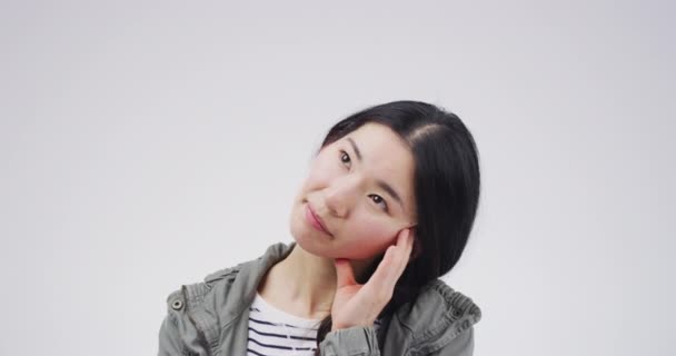 Denken Studio Gezicht Aziatische Vrouw Planning Project Ideeën Probleemoplossing Oplossing — Stockvideo