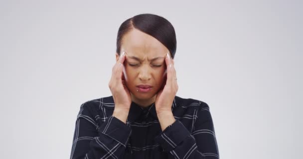 Ból Głowy Kobieta Chory Studio Bólem Stresem Zawrotami Głowy Mgły — Wideo stockowe