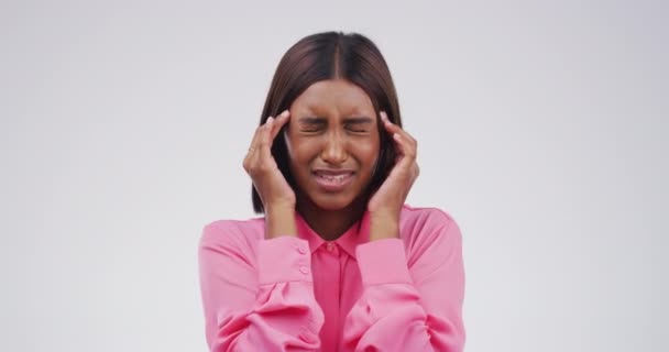Woman Headache Pain Studio Stress Vertigo Trauma Brain Fog White — Stock Video