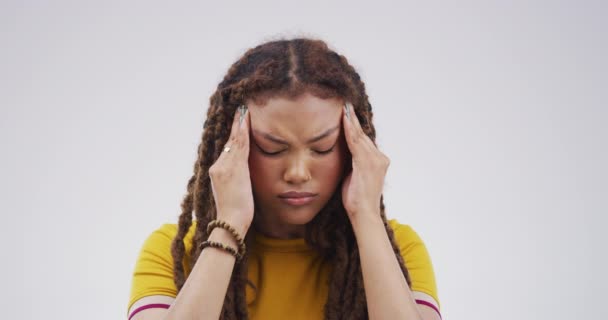 Ból Głowy Twarz Studenta Smutna Kobieta Stresują Się Kryzysem Zdrowia — Wideo stockowe