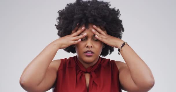 Ból Głowy Twarz Profesjonalna Czarna Kobieta Masują Ból Głowy Świątyni — Wideo stockowe