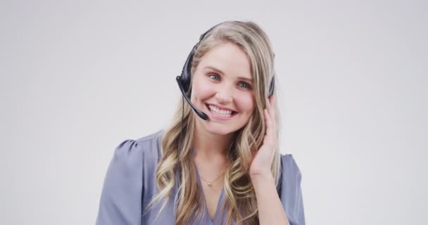 Call Center Kobieta Biznesu Uśmiech Studio Pytania Sprzedaży Telemarketingu Lub — Wideo stockowe