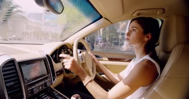 Vrouw Rijden Dashboard Met Navigatiesysteem Zoeken Locatie Voor Denken Schema — Stockvideo