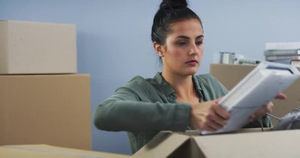 Woman Sad Unpacking Moving Tired Move House Stress Headache New — Stock Video