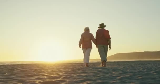 Coucher Soleil Promenade Sur Plage Couple Personnes Âgées Tenant Main — Video