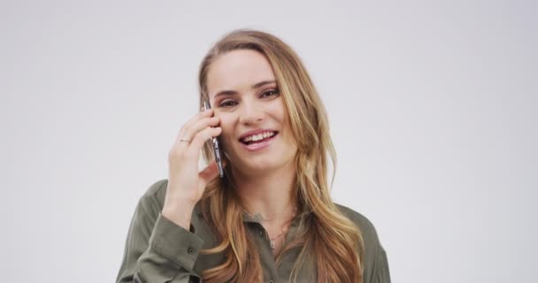 Vrouw Gezicht Glimlach Studio Voor Telefoongesprek Communicatie Audio Contact Voor — Stockvideo