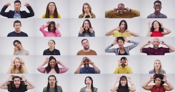 Sjovt Ansigtsudtryk Eller Collage Mennesker Studiet Isoleret Hvid Baggrund Portræt – Stock-video