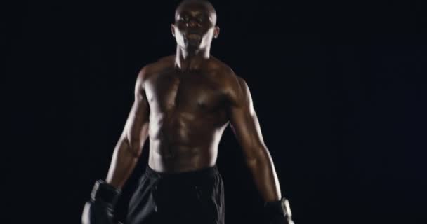 Boxeador Salto Manos Con Motivación Competición Deportiva Inicio Retrato Corporal — Vídeo de stock