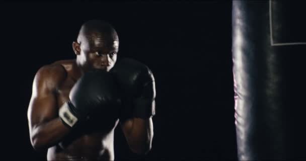 Boxer Człowiek Mocny Poncz Worku Treningowym Siłowni Fitness Mistrz Treningu — Wideo stockowe