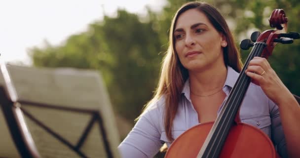 Musik Lembaran Musik Dan Seorang Wanita Bermain Cello Luar Ruangan — Stok Video