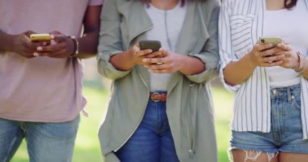 Tangan Telepon Atau Teman Teman Taman Media Sosial Untuk Mengobrol — Stok Video