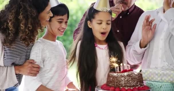 Πάρτι Γενεθλίων Κέικ Σοκολάτας Και Παιδί Φυσήξει Κεριά Φλόγα Και — Αρχείο Βίντεο