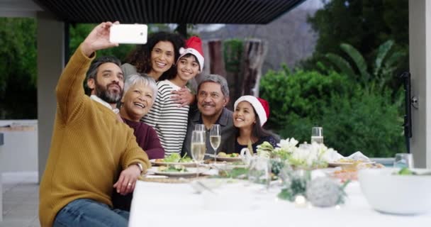 Comida Almuerzo Navidad Selfie Familiar Juntos Una Mesa Para Una — Vídeo de stock