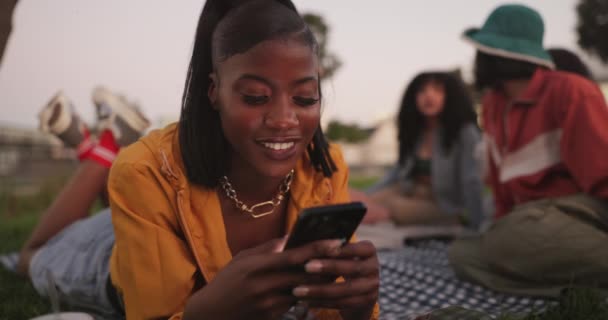 Picknick Telefonische Chat Zwarte Vrouw Het Park Social Media Post — Stockvideo