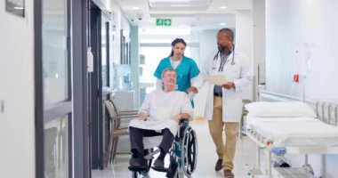 Doktor, tekerlekli sandalyedeki hasta ve hemşire birlikte destek, bakım ya da hayat sigortası için hastanede. Klinikte engelli birine yardım eden cerrah, ekip ve tıbbi uzman..