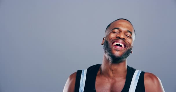 Face Happy Black Man Laughing Studio Humor Joke Good Mood — Stock Video