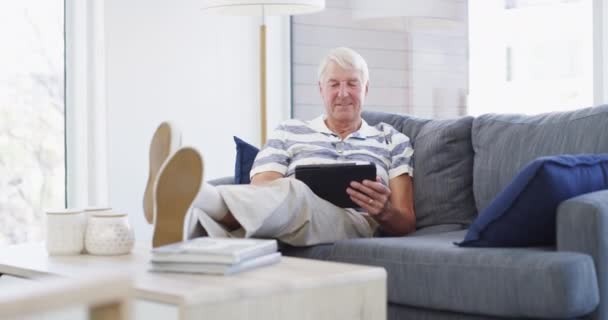 Relax Tablet Senior Man Sofa Social Media Search Ebook His — Stock Video