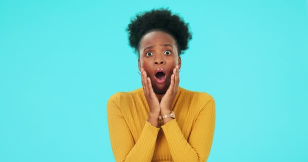 Face Wow Surprise Black Woman Blue Background Studio Looking Shocked — Stock Video