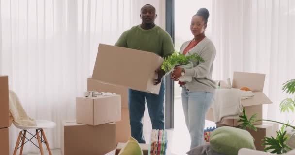 Moving Happy Couple Boxes Home Real Estate Fresh Start New — Stock Video
