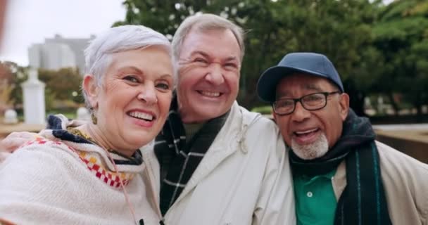 Uśmiech Selfie Starsi Przyjaciele Parkach Dla Mediów Społecznościowych Wsparcia Wolności — Wideo stockowe