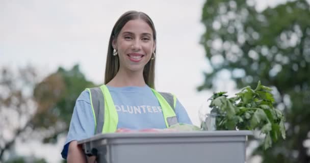 Stadtfreiwillige Lebensmittelspende Und Glückliche Frau Mit Lebensmittelbox Gemüsebehälter Oder Korb — Stockvideo