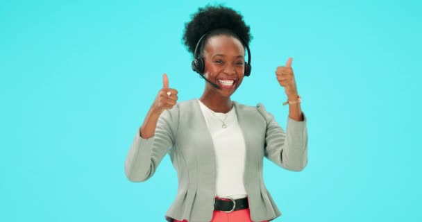 Бизнес Обслуживания Клиентов Студия Черная Женщина Большие Пальцы Вверх Телемаркетинга — стоковое видео