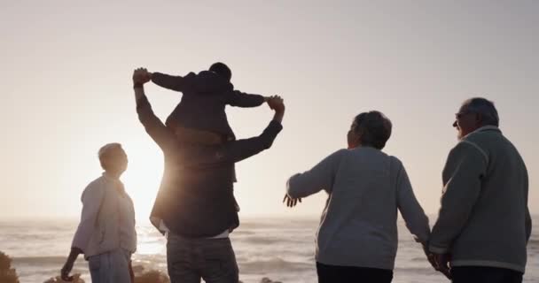 Famiglia Felice Che Tiene Mano Nonni Spiaggia Tramonto Rilassarsi Con — Video Stock