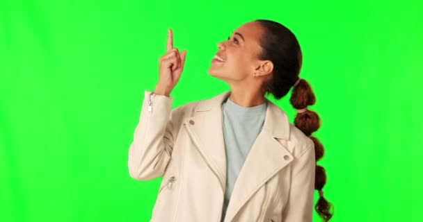 Schermo Verde Felicità Pubblicità Femminile Indicando Gesticolando Spazio Mockup Promozione — Video Stock