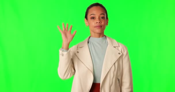 Kéz Stop Sign Woman Green Screen Elővigyázatosság Figyelmeztetés Veszély Mockup — Stock videók