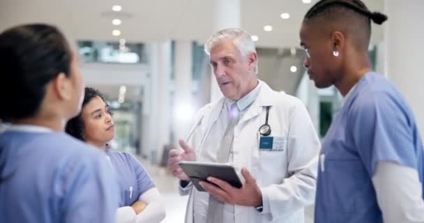 온라인 보고서 컨설팅 조언을 태블릿에 팀워크 의사와 간호사 협업을위한 학생과 — 비디오
