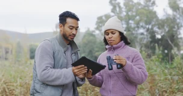 Pessoas Livre Caminhadas Tablet Observação Aves Com Binocular Explorar Com — Vídeo de Stock