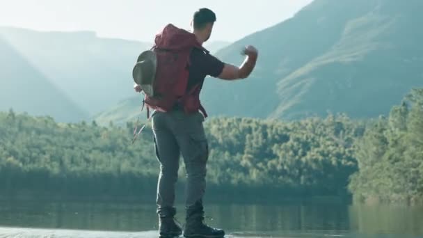 Throw Rocks Man Hiking Lake Nature Adventure Explore Outdoors Camping — Stock Video