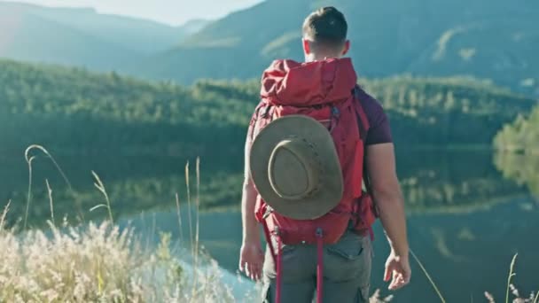 Walking View Man Hiking Lake Nature Explore Outdoors Camping Holiday — Stock Video