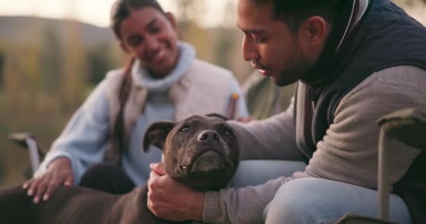 Ludzie Miłość Psa Zewnątrz Charakter Przygoda Lub Przyjaciele Razem Wakacjach — Wideo stockowe
