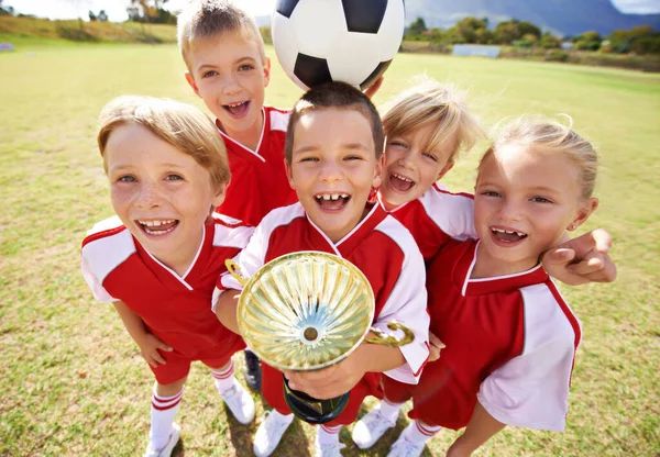 Celebration Soccer Team Children Cup Boys Girls Victory Support Proud Royalty Free Stock Photos