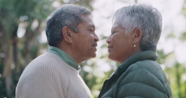 一对浪漫的老夫妇在户外亲吻着嘴唇 表现出他们的快乐 浪漫和彼此相爱的旧情 坠入爱河 成熟的夫妻笑着欣赏大自然 — 图库视频影像