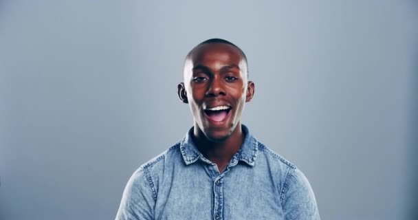 Face Black Man Laugh Studio Happy Expression Silly Joke Good — Stock Video